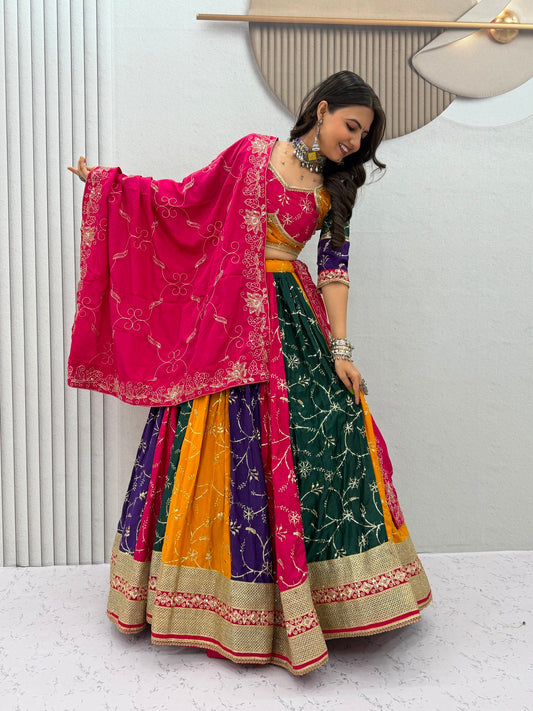 6 Meter Flair Multicolor Panelled Lehenga Choli With Embroidered Dupatta
