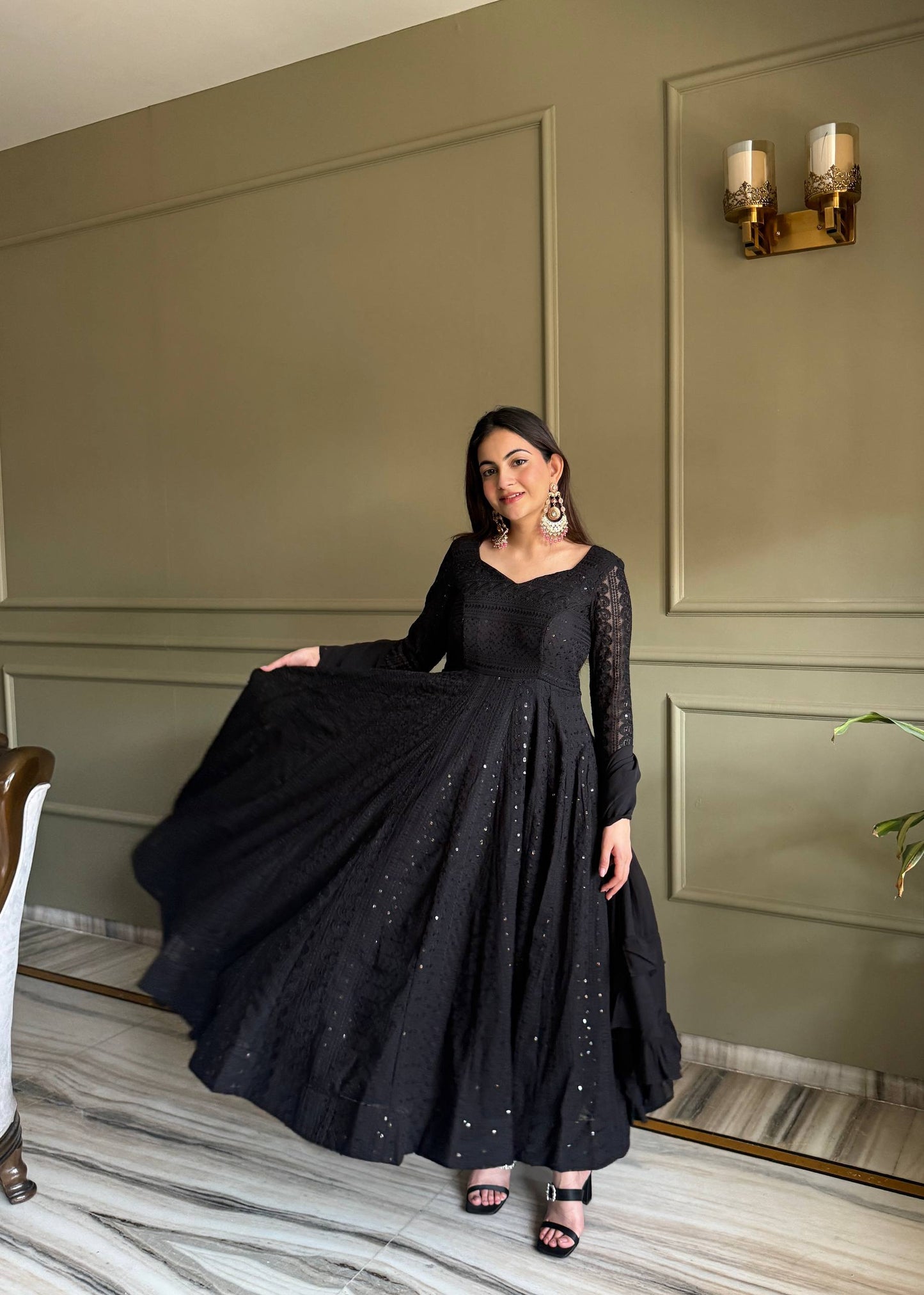 Elegant Black Anarkali Gown with Sparkling Details