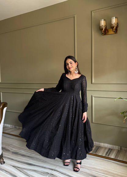 Elegant Black Anarkali Gown with Sparkling Details