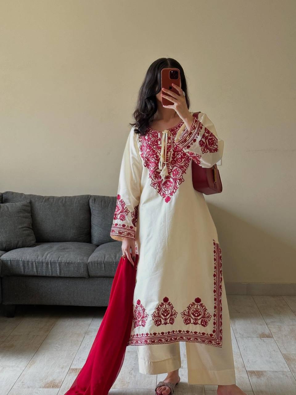Cream Embroidery Suit With Red Dupatta And White Pants