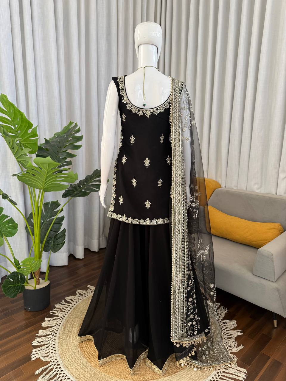 Black Embroidered Sharara Suit With Net Dupatta