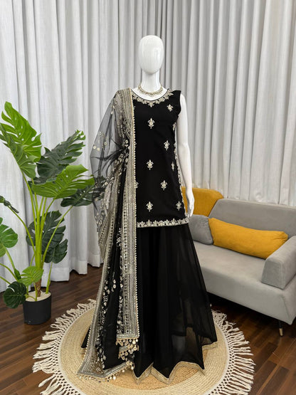 Black Embroidered Sharara Suit With Net Dupatta