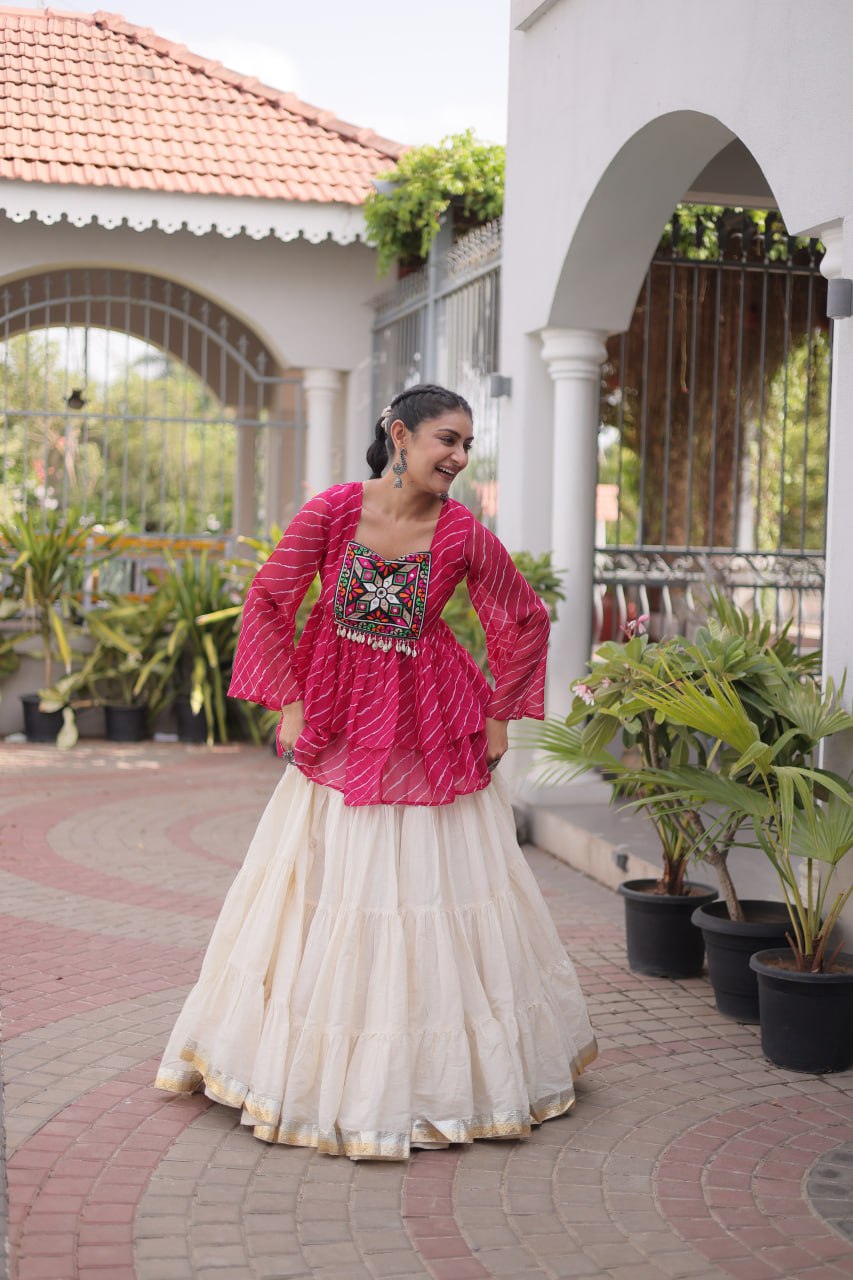 12 Meter Layered Flared Lehenga Choli With Kutchi Mirror Work And Leheriya Ruffle Top