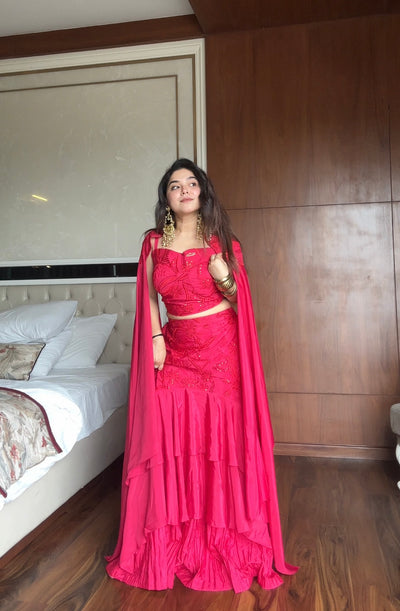 Elegant Rani Pink Embroidered Layered Lehenga With Crape Dupatta