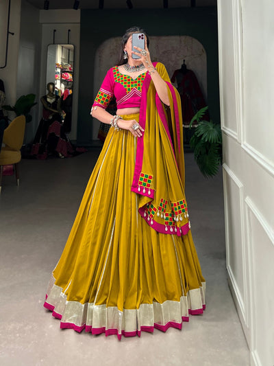 Mustard Yellow Silk Lehenga Choli With Pink Mirror Work Blouse And Dupatta