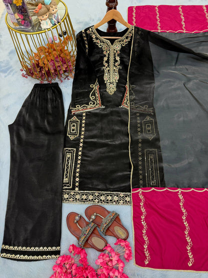 Embroidery Kurti With Plazzo And Dupatta