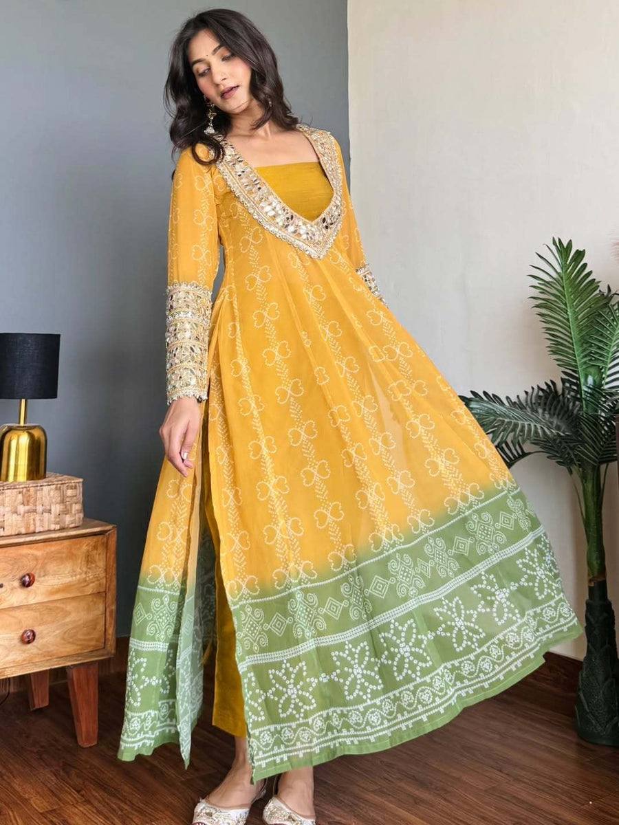 Yellow Anarkali Suit With Mirror Work And Green Bandhani Print
