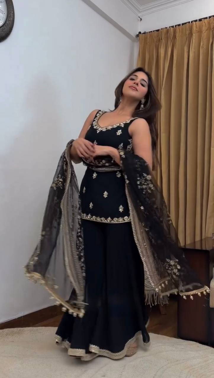 Black Embroidered Sharara Suit With Net Dupatta