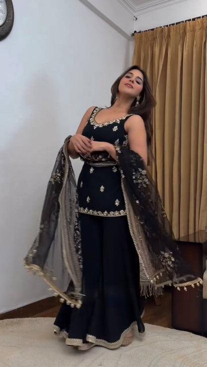Black Embroidered Sharara Suit With Net Dupatta