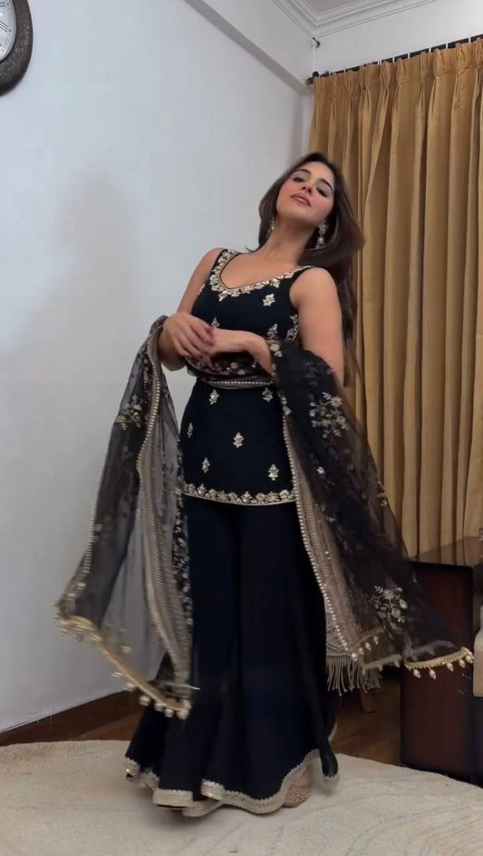 Black Embroidered Sharara Suit With Net Dupatta