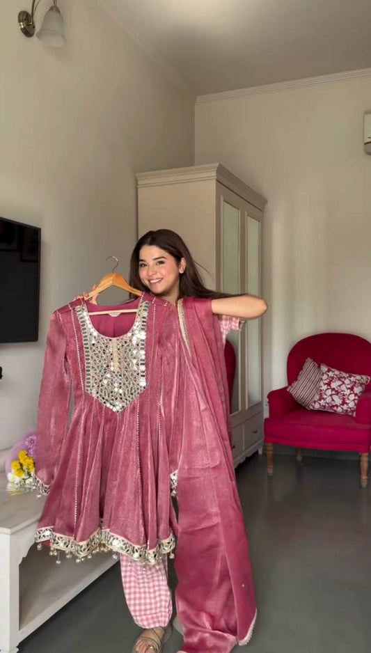 Rose Pink Mirror Work Short Anarkali Kurta With Dhoti Style Pants And Dupatta Set