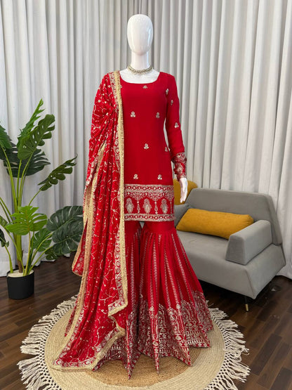 Red Sharara Suit With Gold Embroidery And Matching Dupatta 🎀