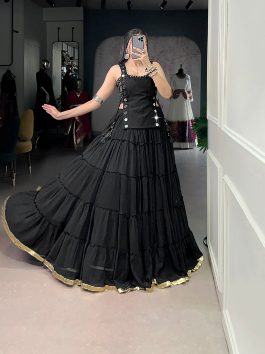 14 Meter Flair Tiered Lehenga Set With Golden Border And Real Mirror Work Blouse