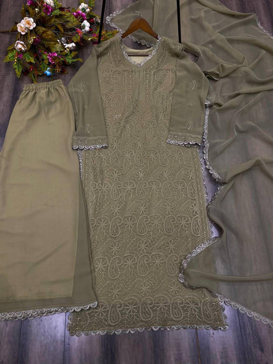 Olive Green Chikankari Kurti With Lace Detail And Full Length Ethnic Wear