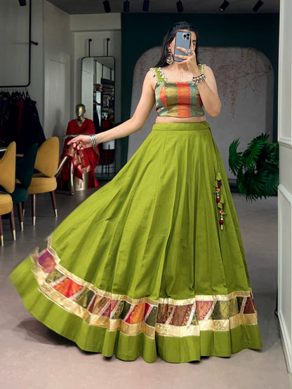 5 Meter Flair Parrot Green Lehenga Choli With Patchwork Border