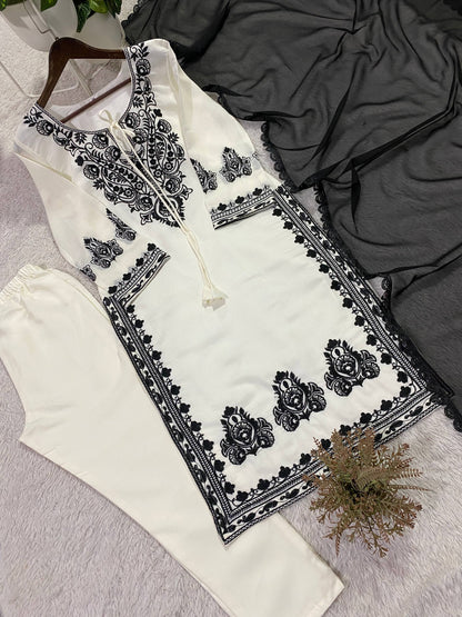 White Embroidery Kurti With Black Dupatta And Pants
