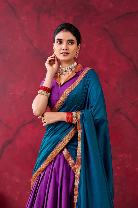 Royal Purple Narayan Pet With Teal Blue Dupatta And Zari Border