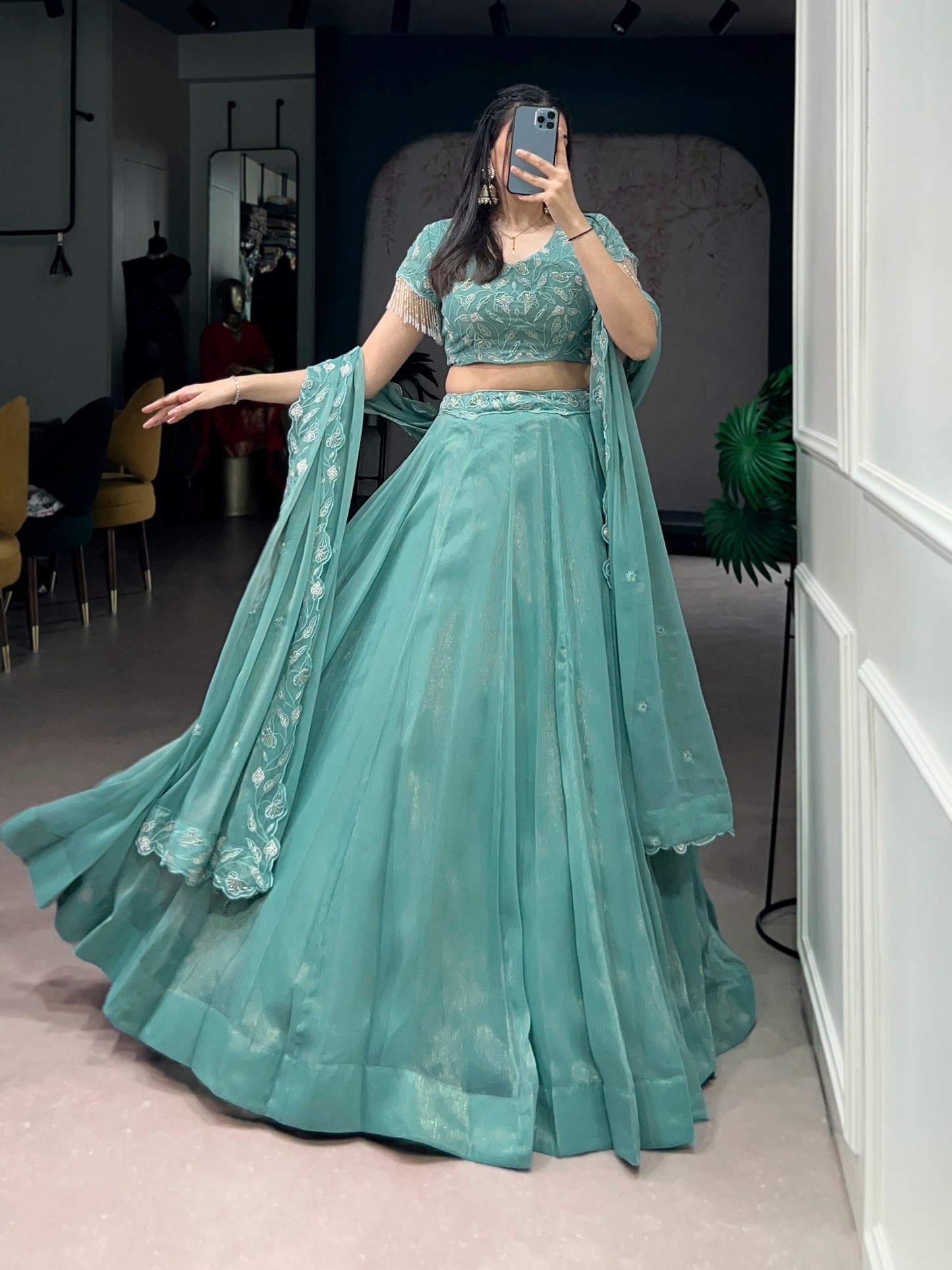 Pastel Blue Lehenga Choli With Intricate Embroidery And Dupatta