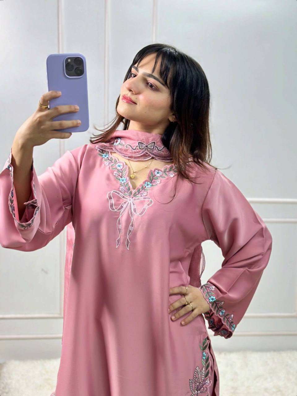 Pink Floral Embroidered Farshi Salwar Suit With Bow Detail And Dupatta