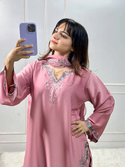 Pink Floral Embroidered Farshi Salwar Suit With Bow Detail And Dupatta
