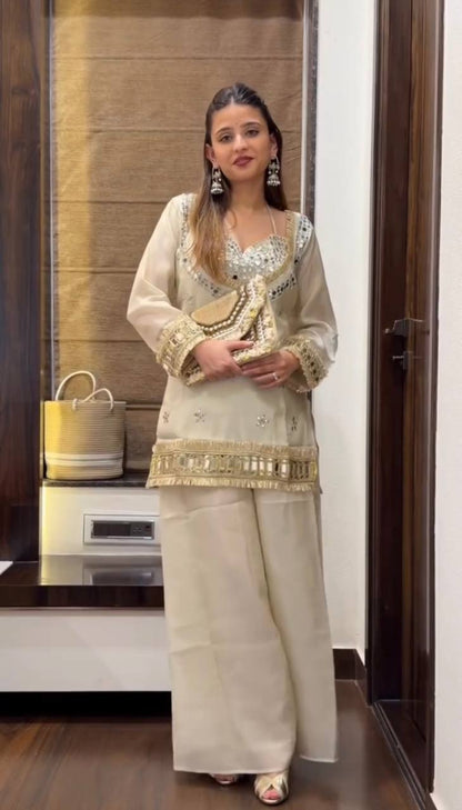 White Silk Sharara Suit With Real Mirror Work And Gold Lace Work