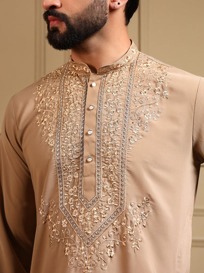 Classic Designer Embroidered Kurta Set For Men With White Pajama
