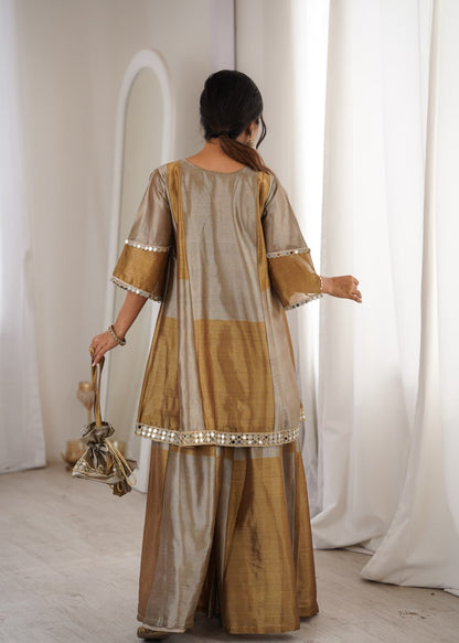 Antique Gold And Silver Colorblock Sharara Set With Mirror Work And Batwa