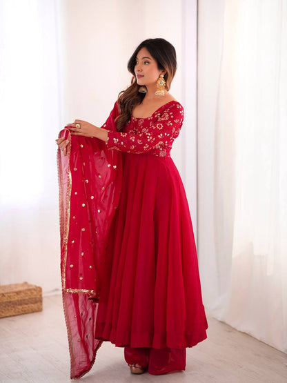 Cherry Red Sequins Embroidered Anarkali Suit Set With Dupatta