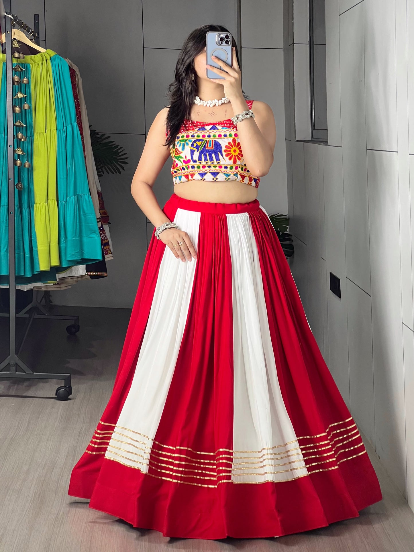6 Meter Flair Red White Panelled Lehenga Choli With Kutchi Gamthi Mirror Work