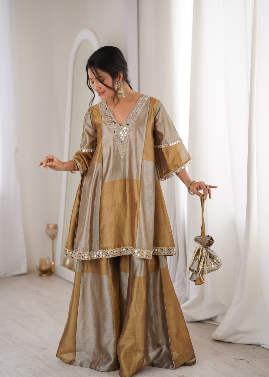 Antique Gold And Silver Colorblock Sharara Set With Mirror Work And Batwa