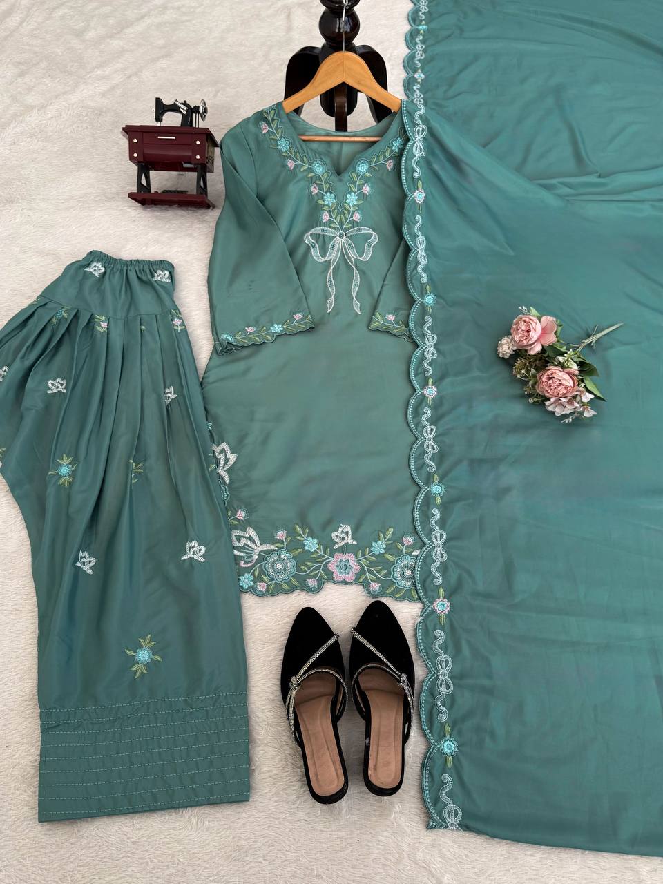Teal Green Floral Embroidered Farshi Salwar With Bow Detail And Dupatta