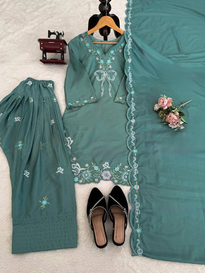 Teal Green Floral Embroidered Farshi Salwar With Bow Detail And Dupatta