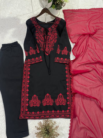 Black Embroidery Kurti With Red Dupatta And Black Pants