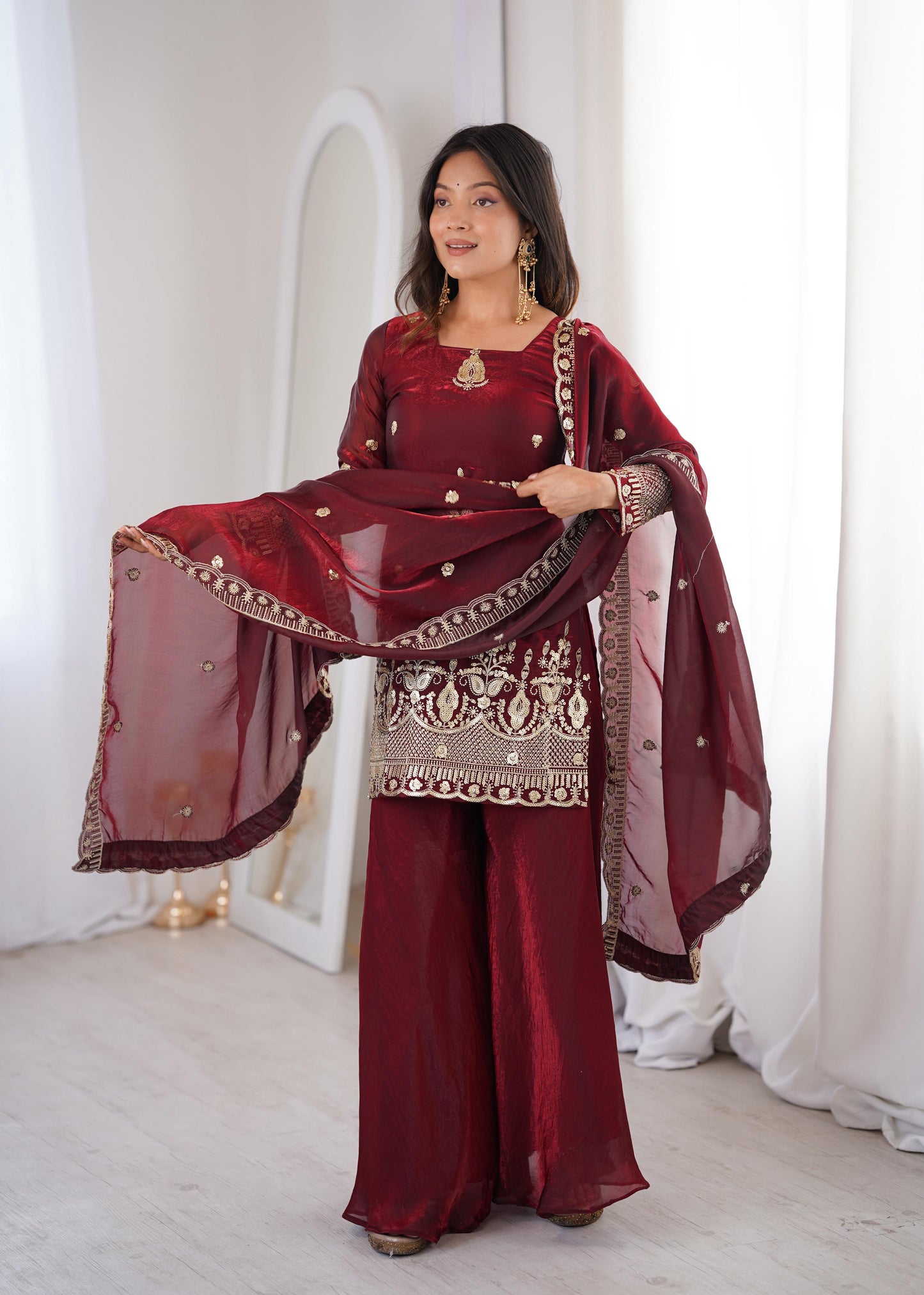 Heavy Gold Zari Embroidered Palazzo Suit Set With Dupatta