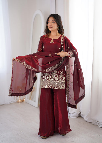 Heavy Gold Zari Embroidered Palazzo Suit Set With Dupatta