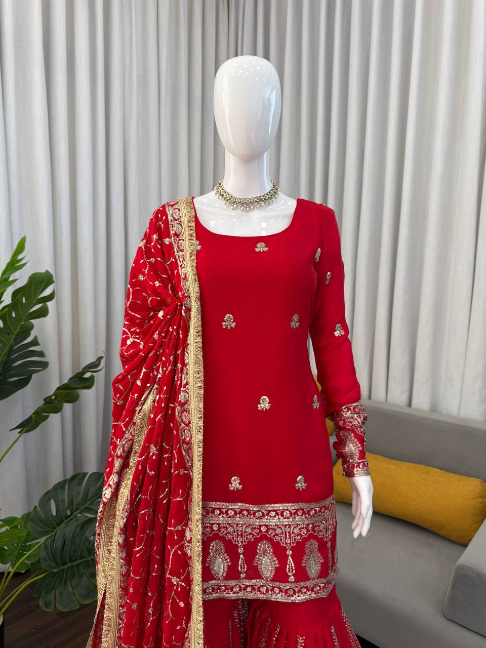 Red Sharara Suit With Gold Embroidery And Matching Dupatta 🎀