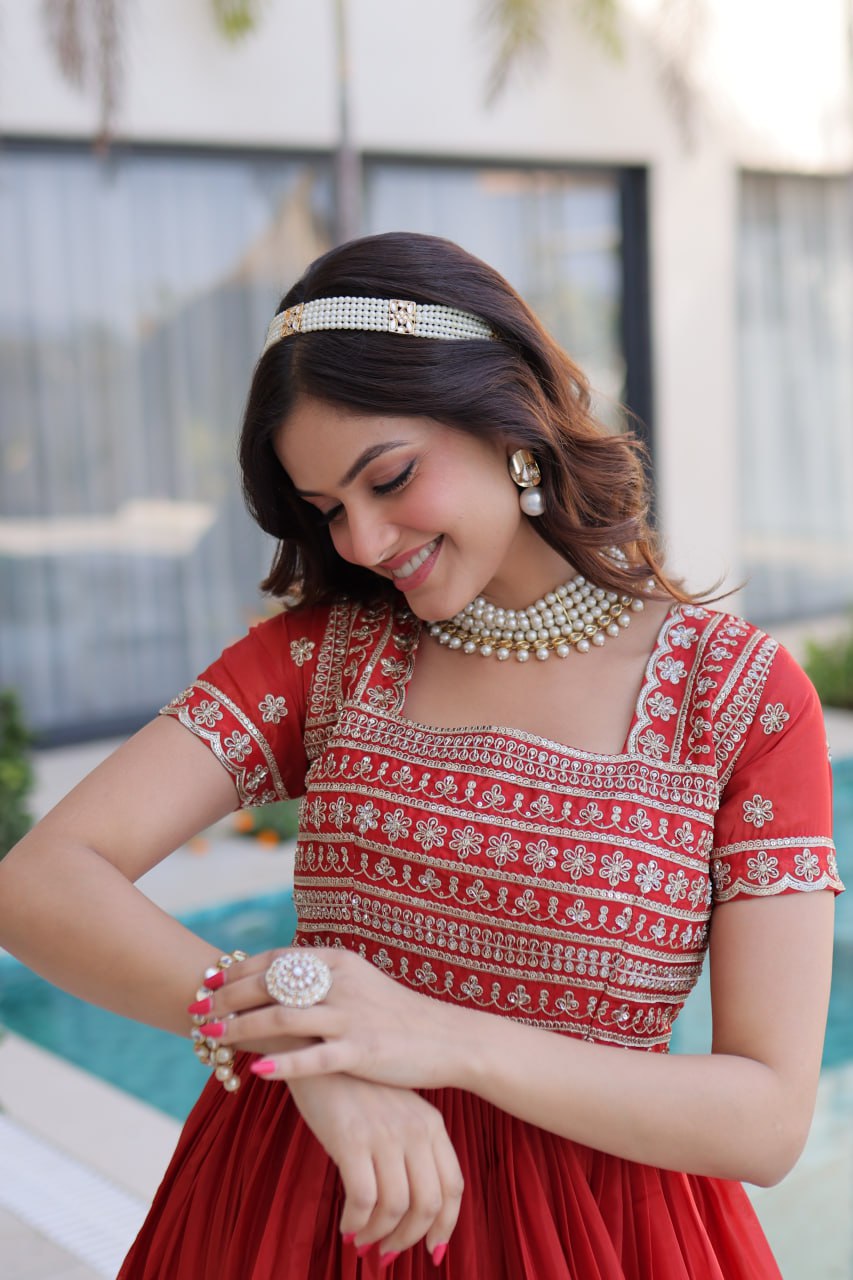 Red Silk Anarkali Gown With Heavy Zari Embroidered