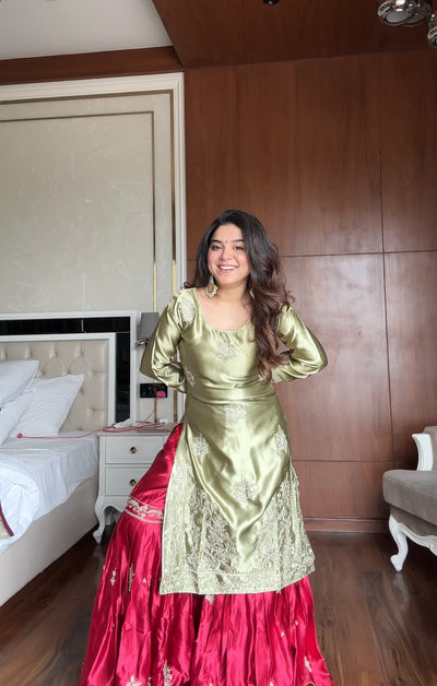 OLIVE GREEN EMBROIDERED KURTA WITH CONTRASTING RED SHARARA