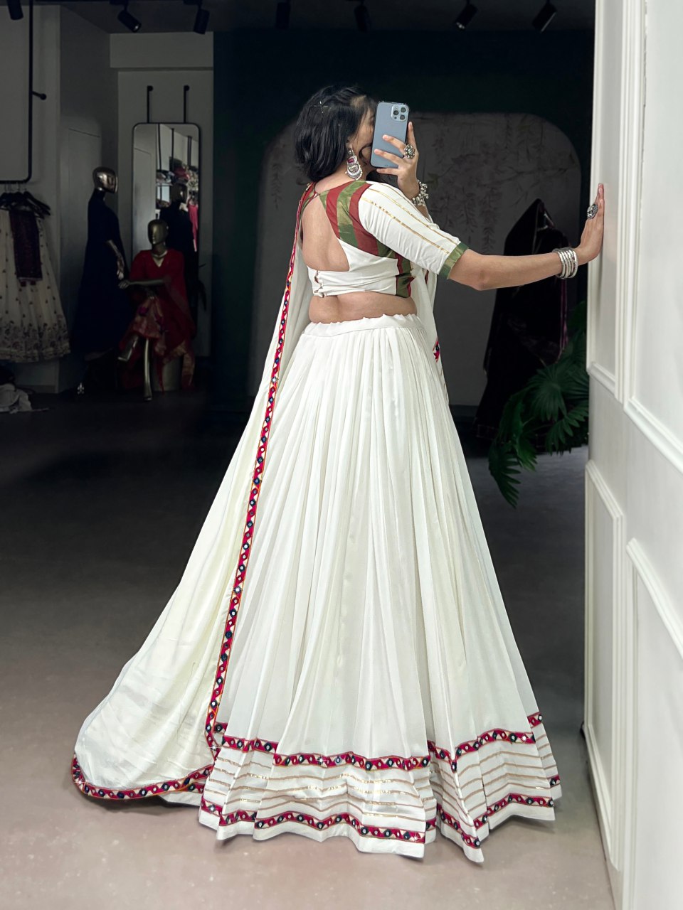 ELEGANT WHITE RAYON LEHENGA WITH MIRROR WORK BORDER