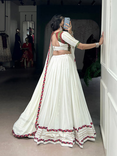 ELEGANT WHITE RAYON LEHENGA WITH MIRROR WORK BORDER