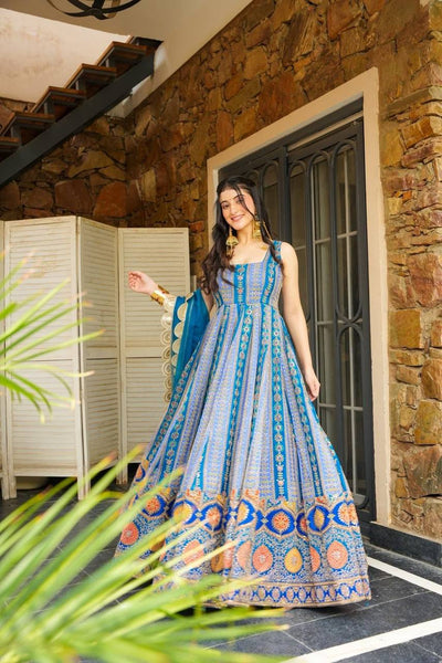 ROYAL BLUE DIGITAL PRINTED  ANARKALI WITH DESIGNER DUPATTA