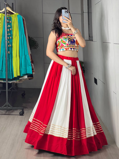 6 Meter Flair Red White Panelled Lehenga Choli With Kutchi Gamthi Mirror Work
