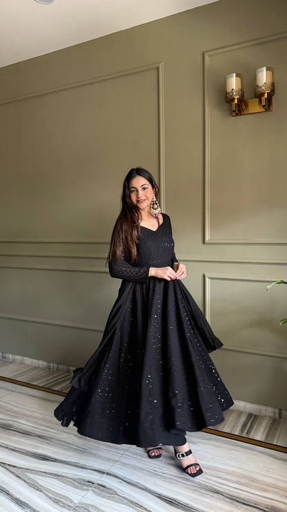Elegant Black Anarkali Gown with Sparkling Details