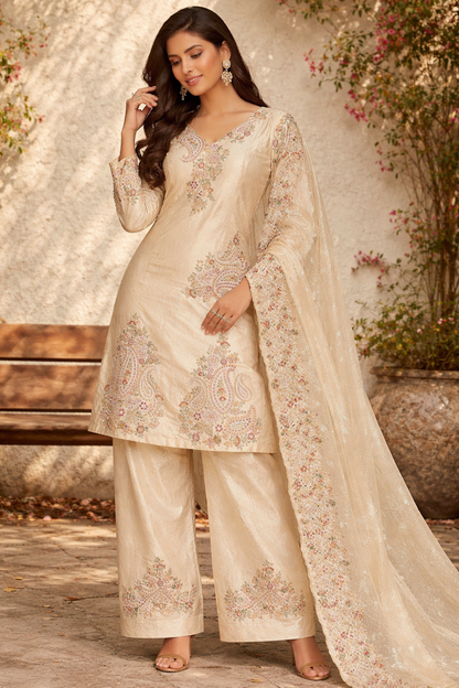 Floral-Paisley Thread Work Kurta Set With Flared Palazzo