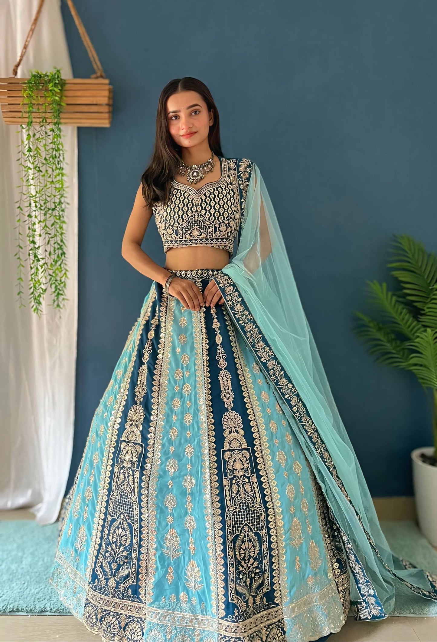 Teal Blue Zari And Sequins Panelled Bridal Lehenga Choli Set With Net Dupatta