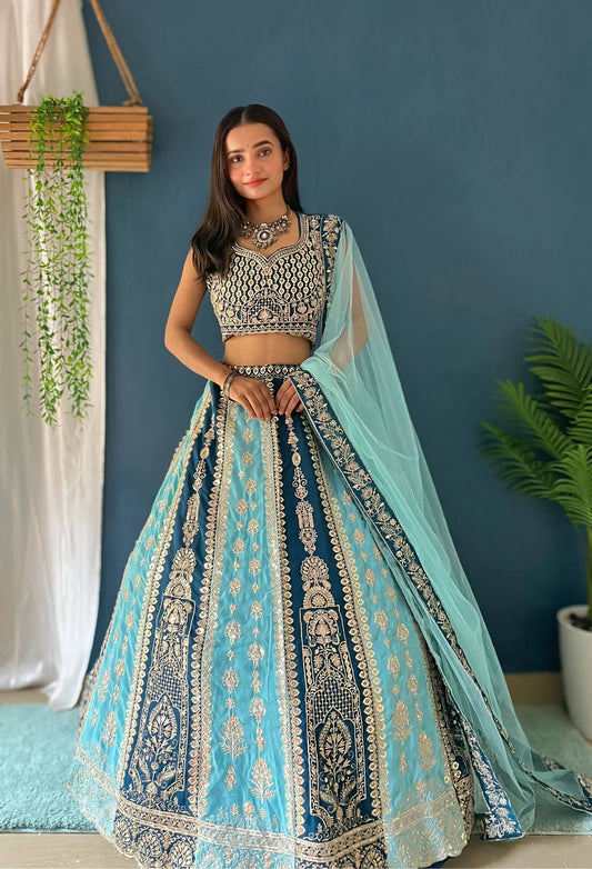 Teal Blue Zari And Sequins Panelled Bridal Lehenga Choli Set With Net Dupatta