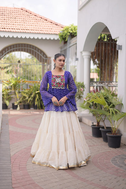 12 Meter Layered Flared Lehenga Choli With Kutchi Mirror Work And Leheriya Ruffle Top