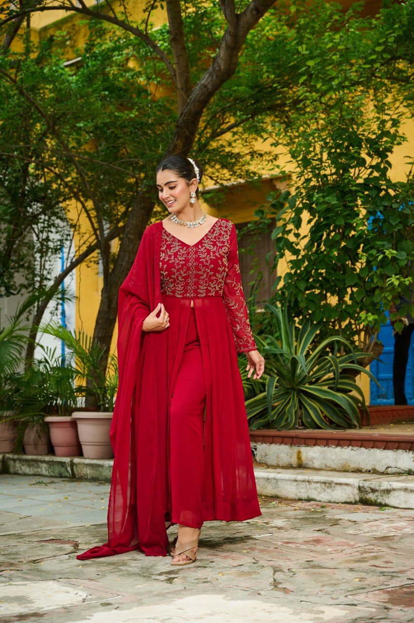 Traditional Red And Purple Embroidery Anarkali Duo