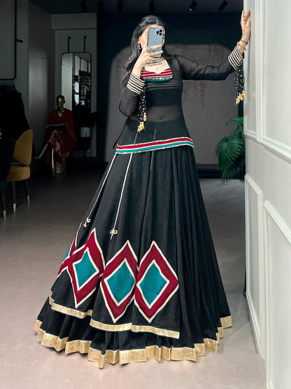 Black 7 Meter Flair Lehenga Set With Mirror Work Blouse