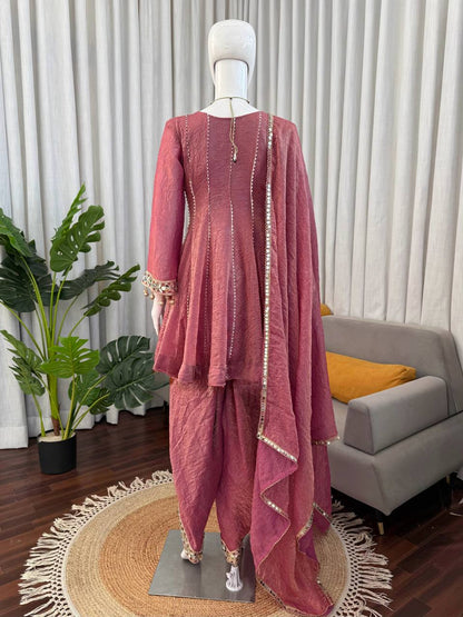 Rose Pink Mirror Work Short Anarkali Kurta With Dhoti Style Pants And Dupatta Set